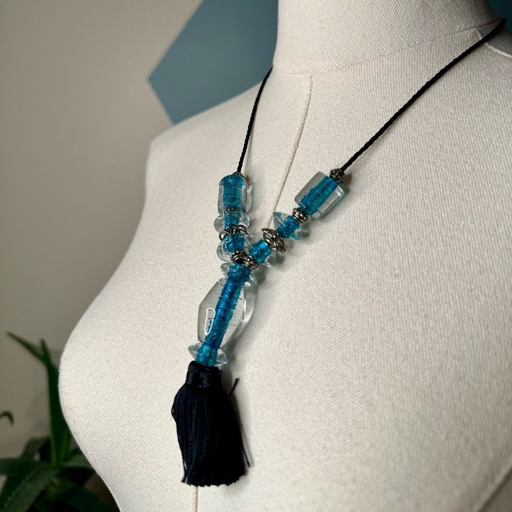 Vintage Blue Murano-Style Glass Beaded Necklace with Black Tassel Boho Pendant